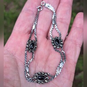 Vintage Sterling Silver Marcasite Onyx Large 8 Inch 925 Bracelet